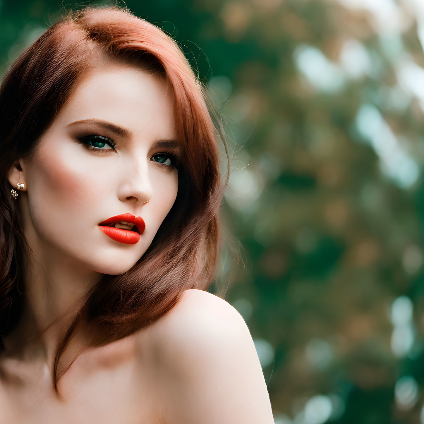 Portrait of Woman with Red Lipstick and Wavy Hair Against Green Foliage