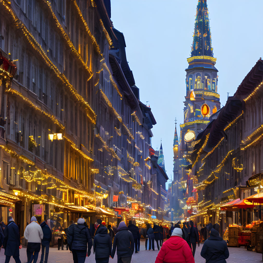 City street scene at dusk with illuminated clock tower & string lights