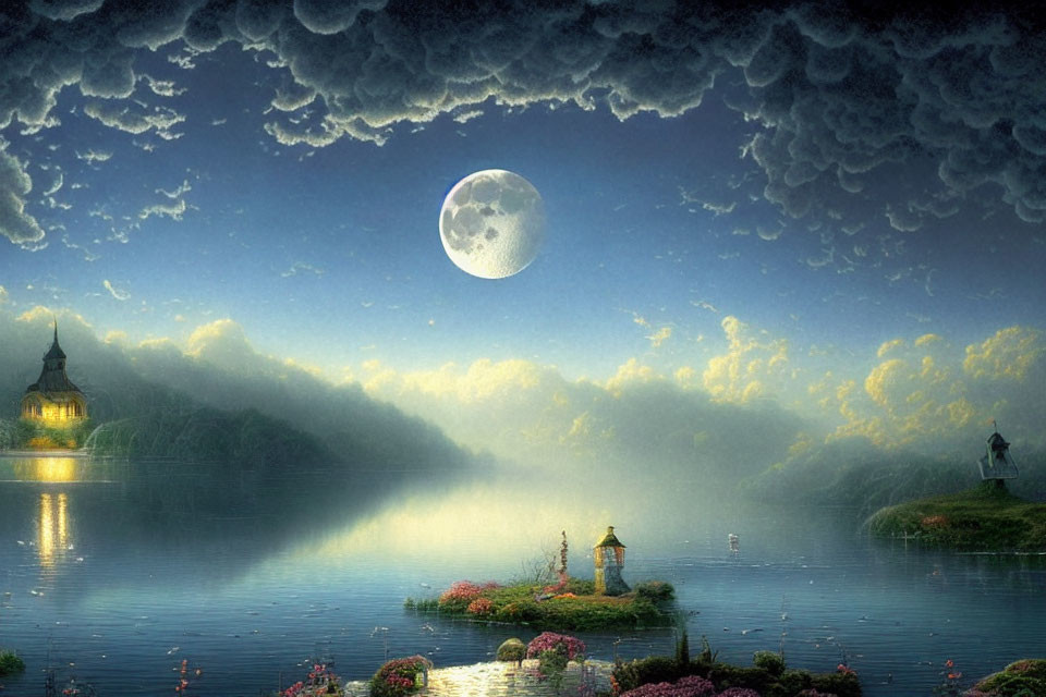 Serene moonlit landscape with full moon, lake, misty forests, blossoms, and castle