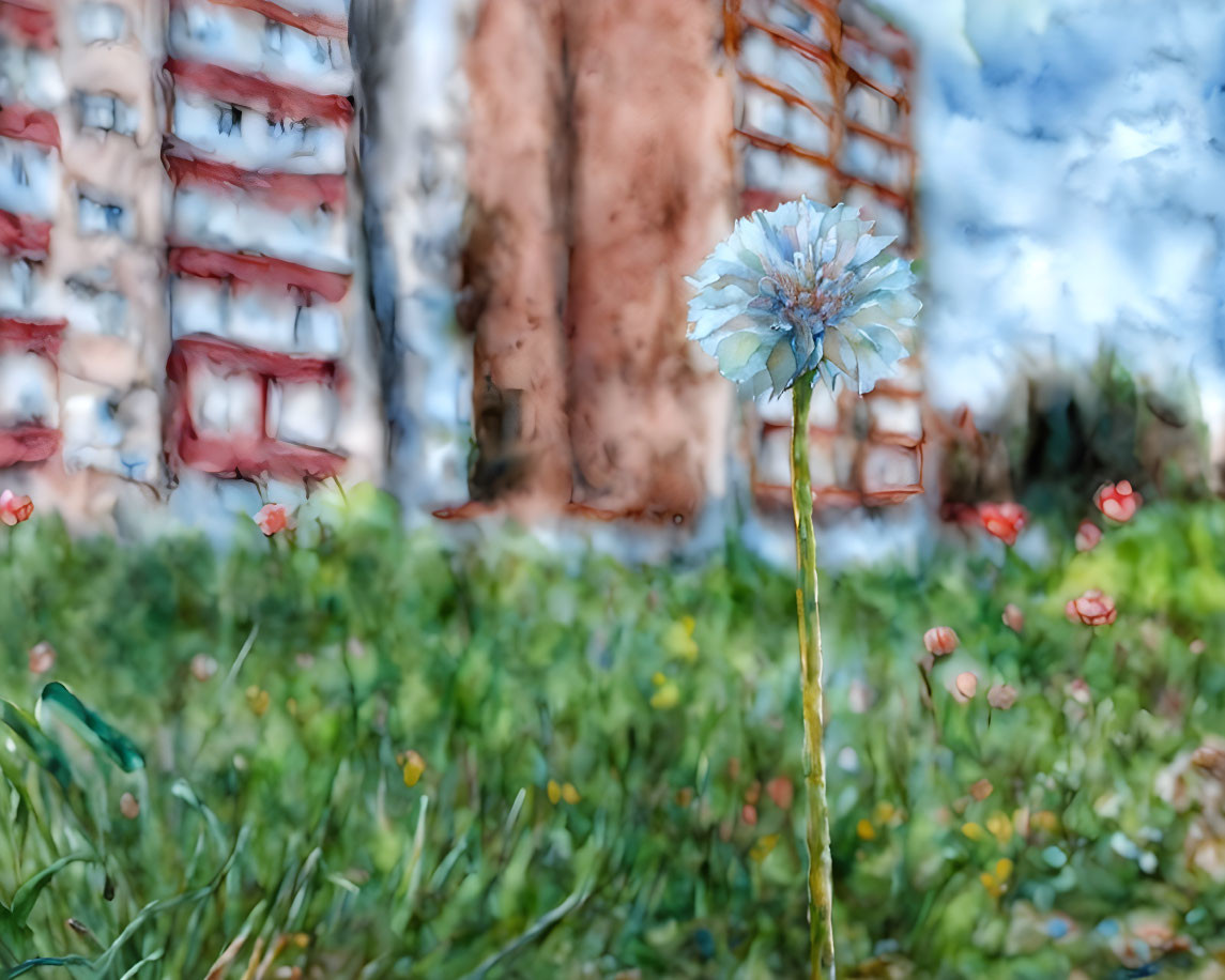 Blue flower in focus in green field with red flowers and buildings in the backdrop