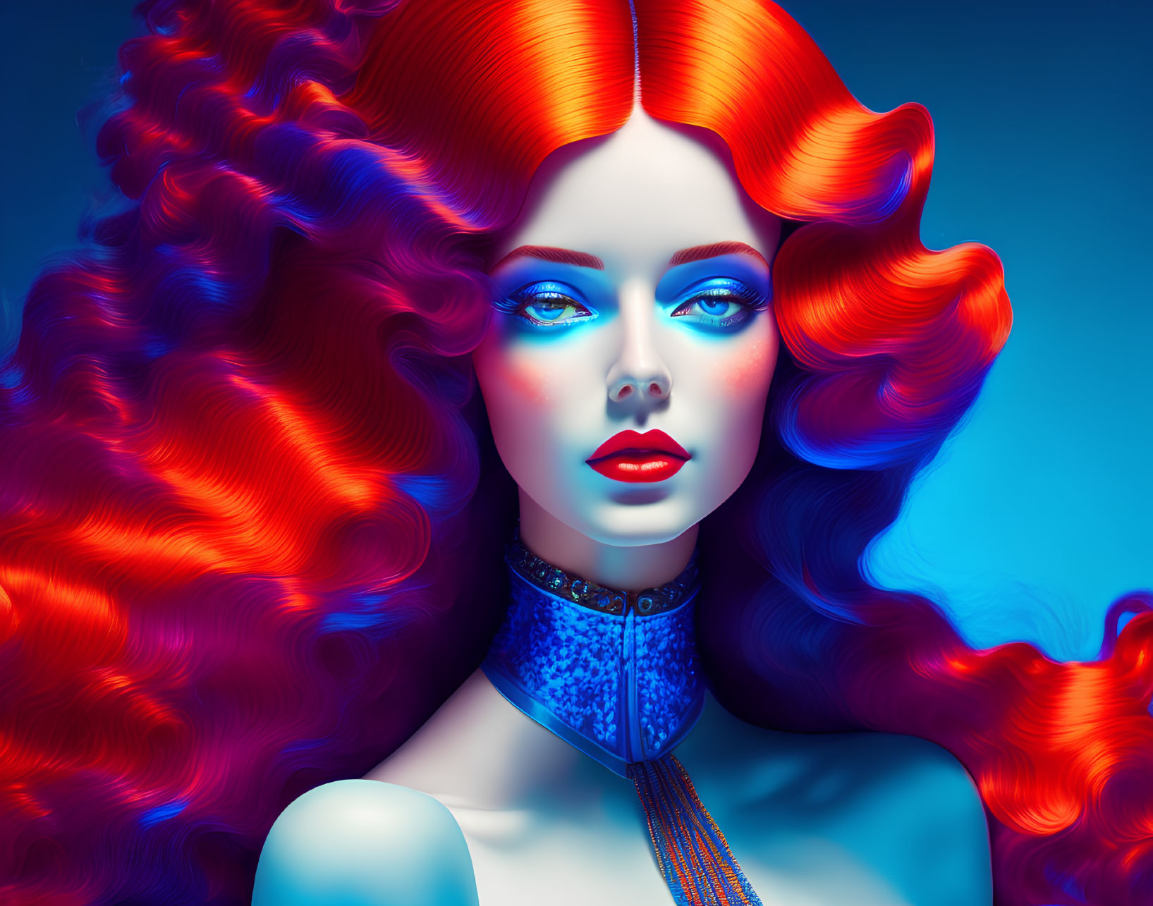 Colorful portrait of woman with blue skin and red hair on blue backdrop