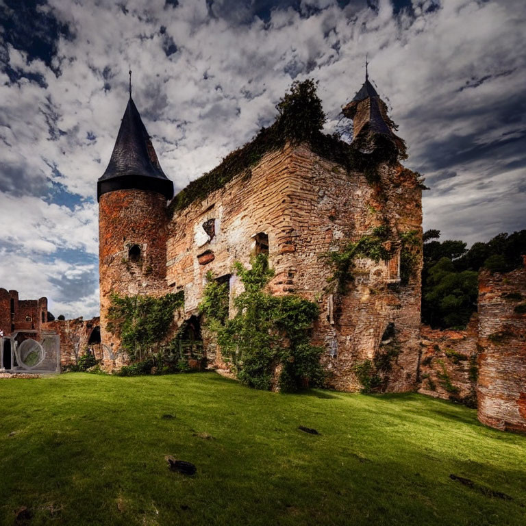 Ancient Brick Castle Ruins with Ivy and Conical Tower