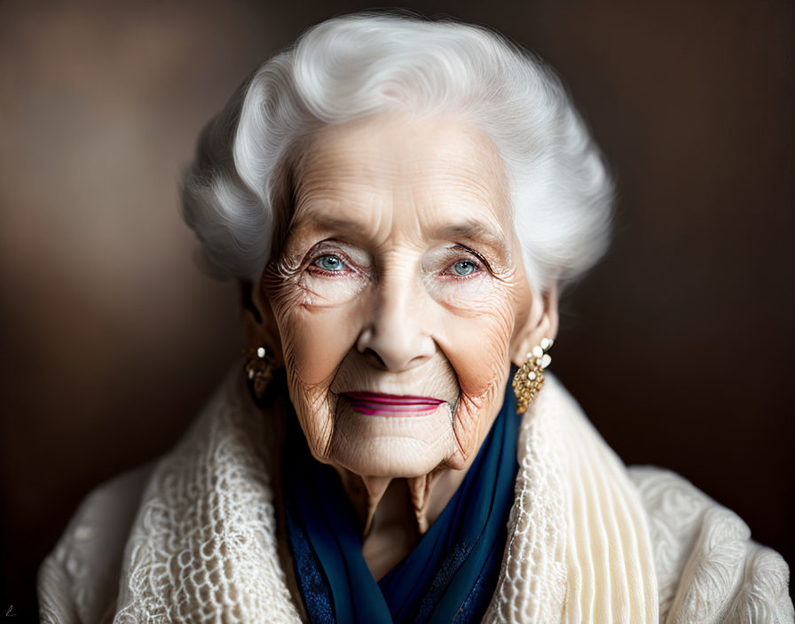 Elderly Woman Portrait with White Hair and Blue Eyes