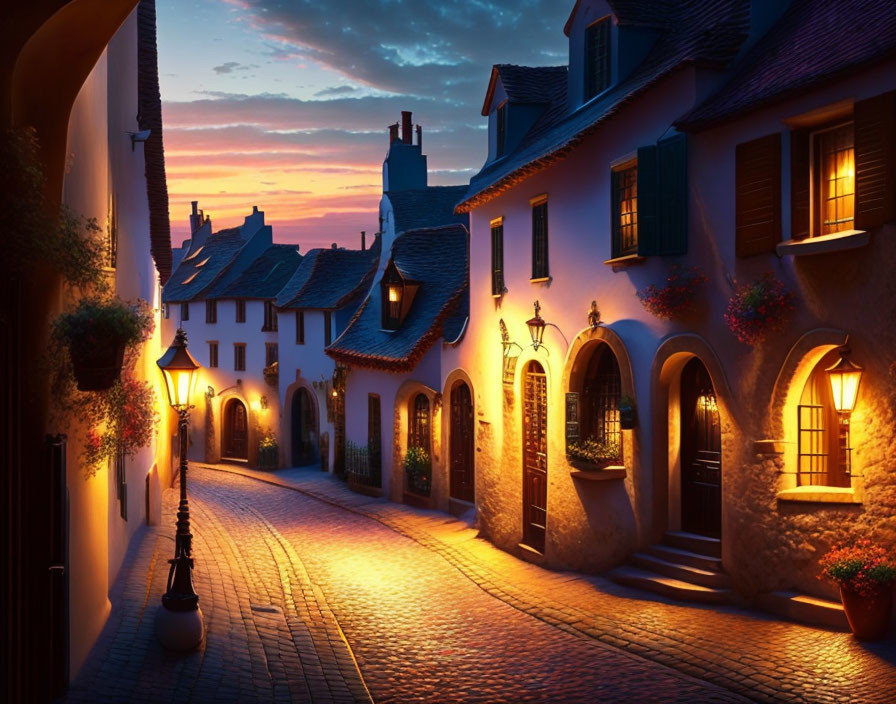 Quaint cobblestone street at twilight with traditional houses and warm street lamps