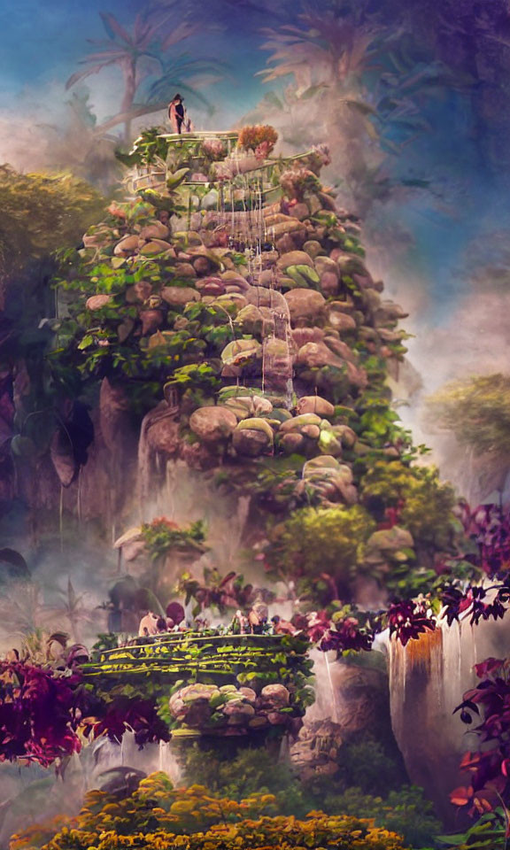 Fantastical floating garden with lush vegetation, flowers, waterfalls, and suspended bridges.