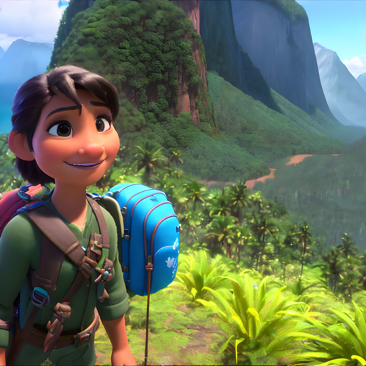 Animated character with backpack in lush landscape with cliffs and forest.