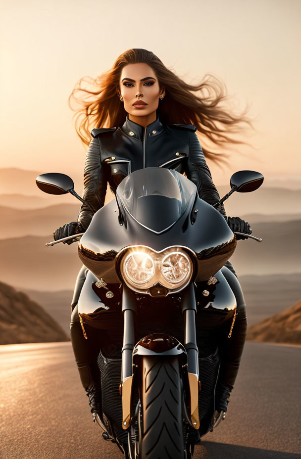 Woman with flowing hair rides motorcycle on open road at sunset