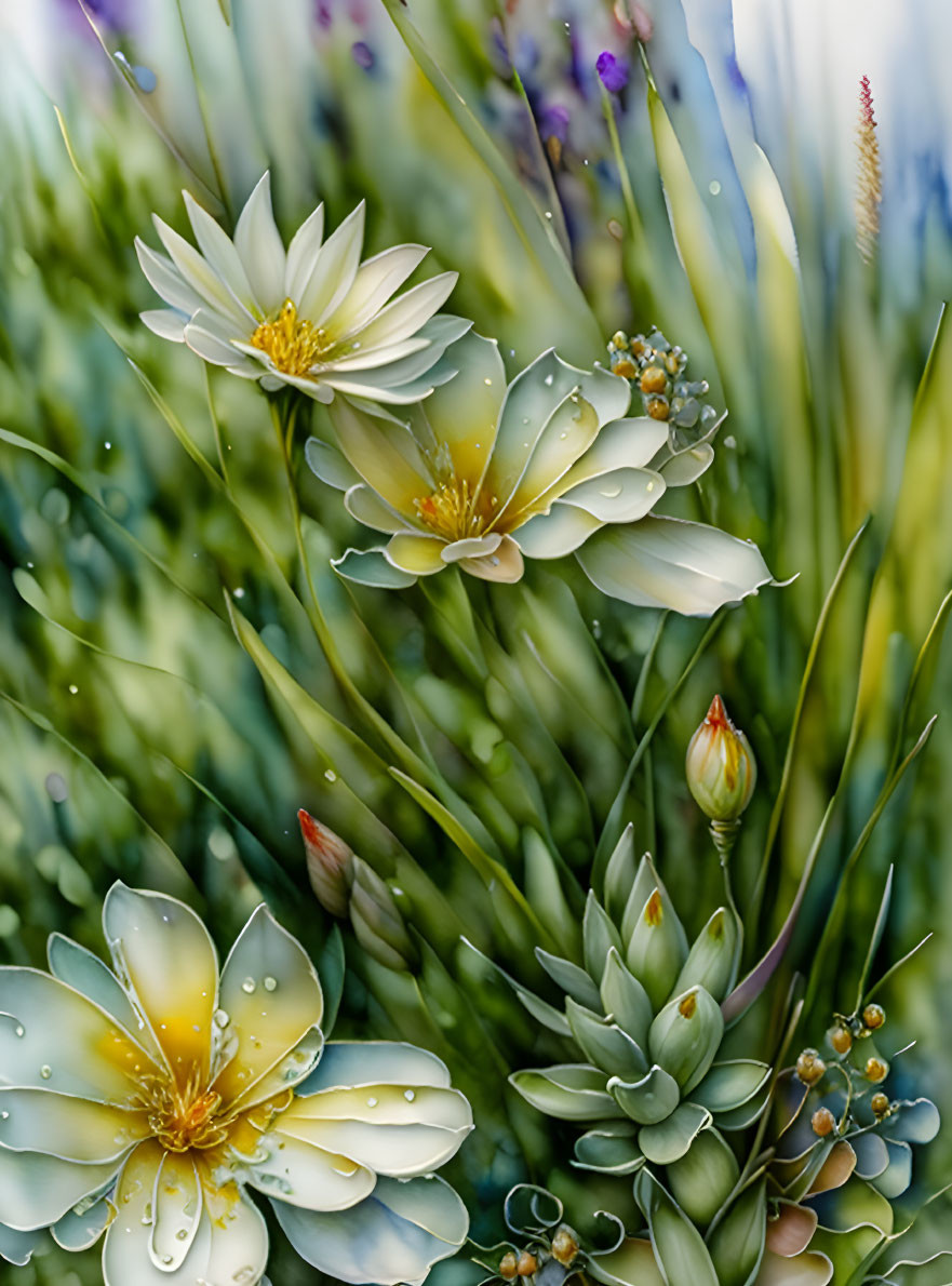 White Flowers with Yellow Centers and Dewdrops in Green Foliage