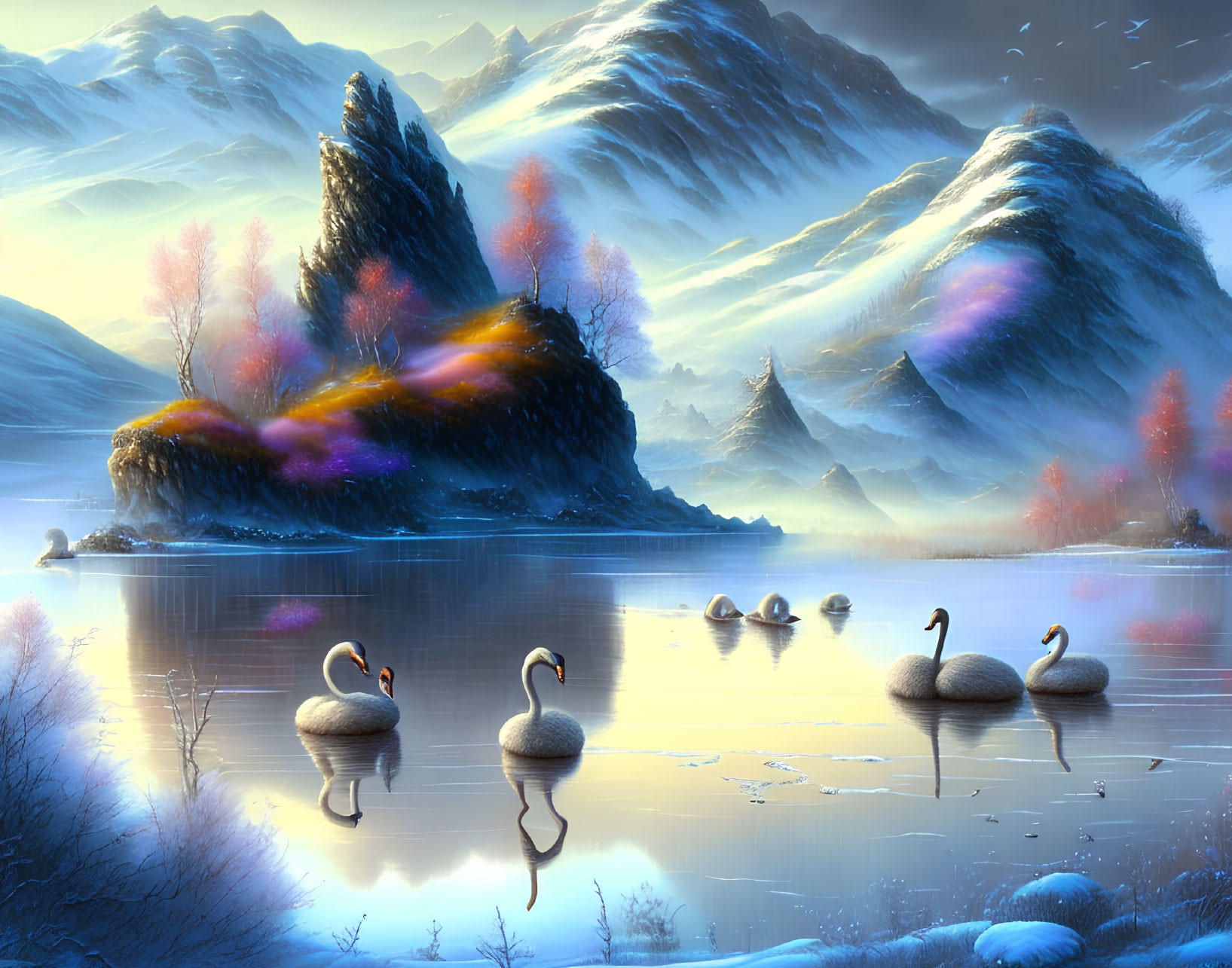 Snowy Mountains and Swans on Lake in Dusk Scene