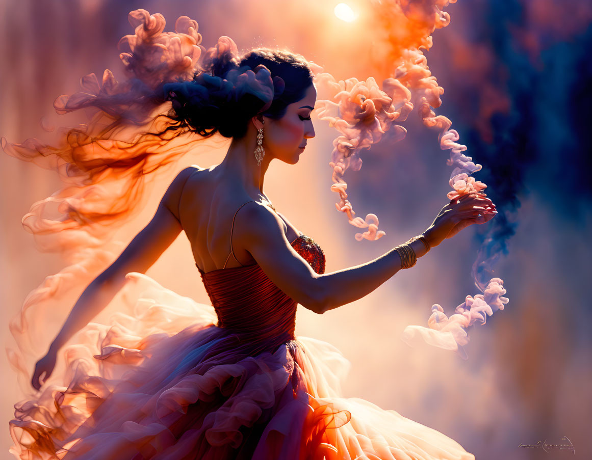 Woman in Red Dress Dancing in Ethereal Smoke