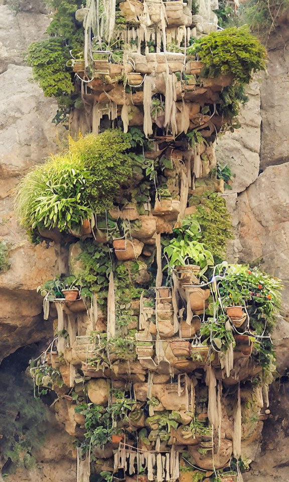 Vertical Garden on Rocky Surface with Potted Plants and Wooden Planters