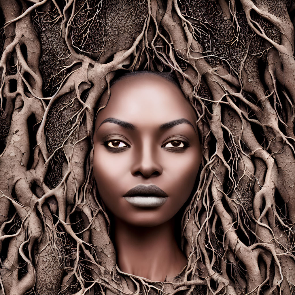Woman's Face Blending with Tree Roots in Artistic Image