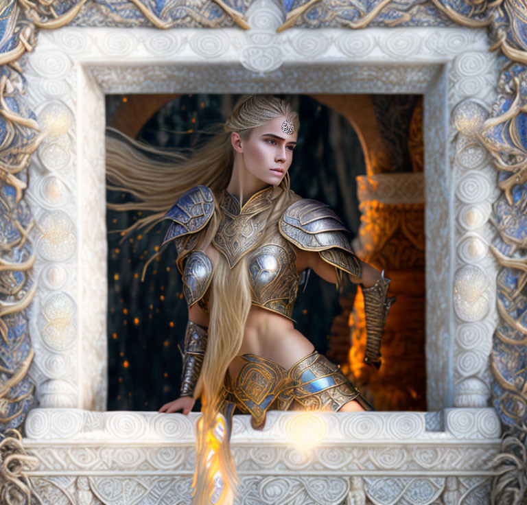 Blonde female warrior in ornate armor against mystical backdrop