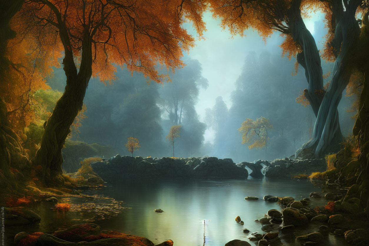 Golden foliage and serene pond in mystical autumn forest