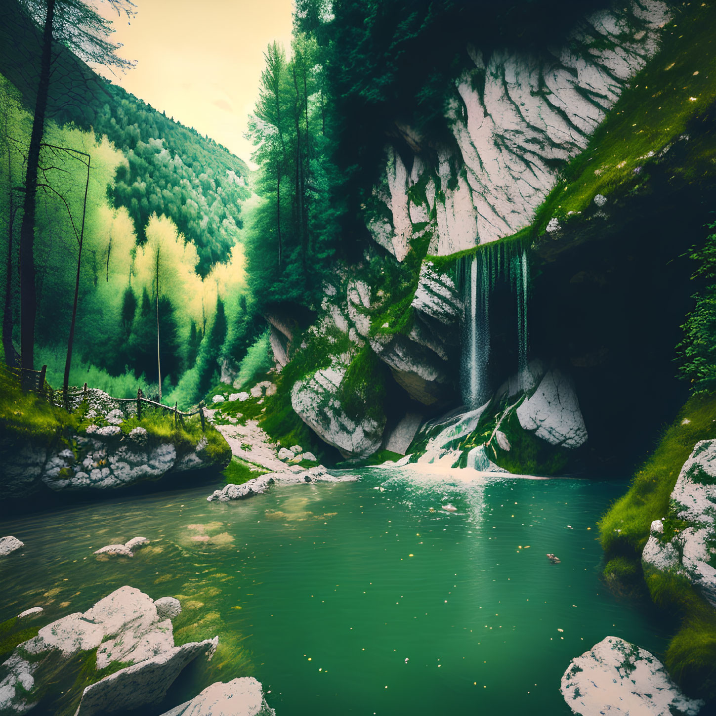 Tranquil waterfall cascading into green pond in lush landscape