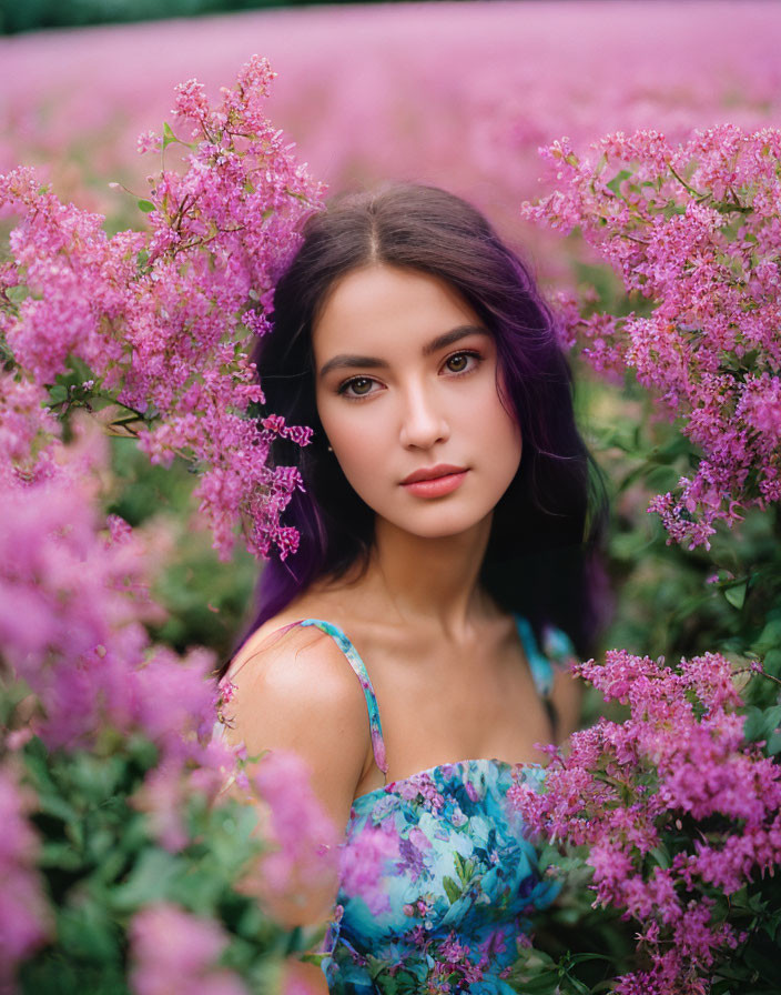 Dark-haired woman in blue floral dress among purple flowers.