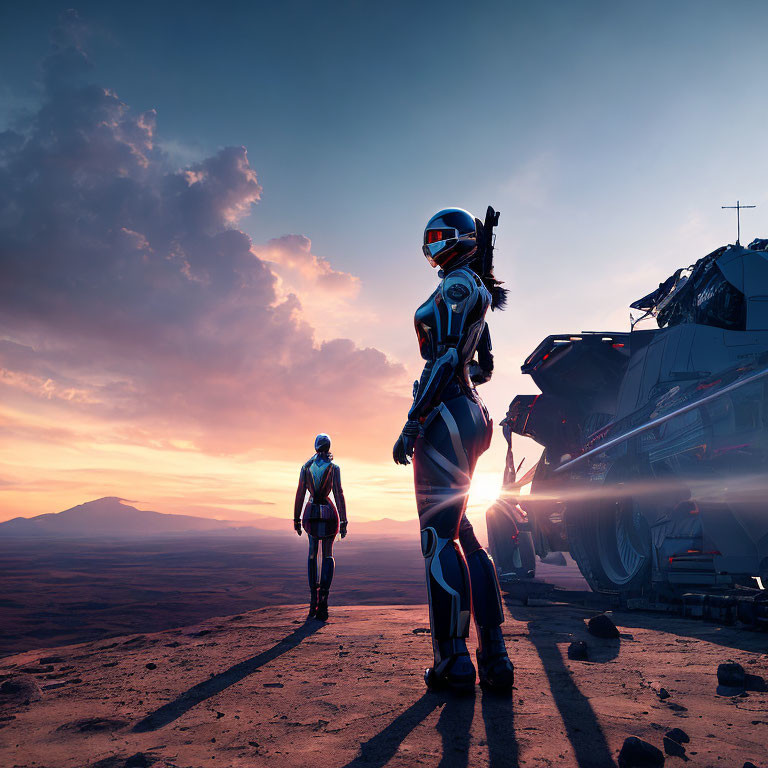 Futuristic astronauts with spaceship on desolate planet at sunset