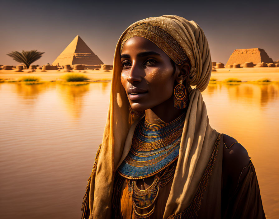 Traditional jewelry-clad woman at Egyptian pyramids with sunset reflection