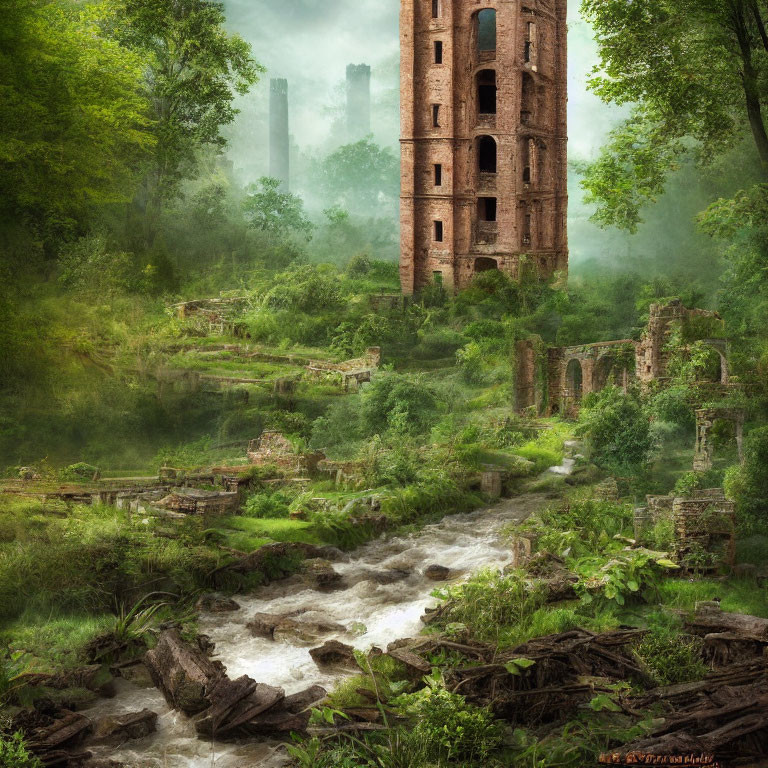 Ancient brick tower in lush greenery with ruins, stream, and scattered rocks.