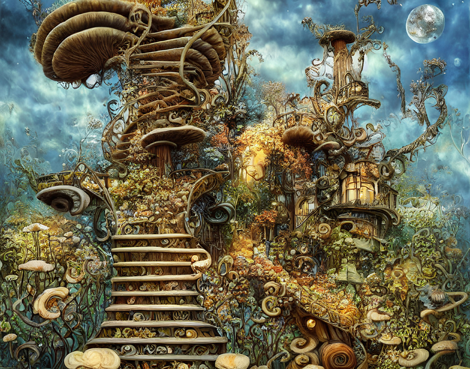 Fantasy forest with oversized mushrooms, treehouse staircase, vines, sunset.