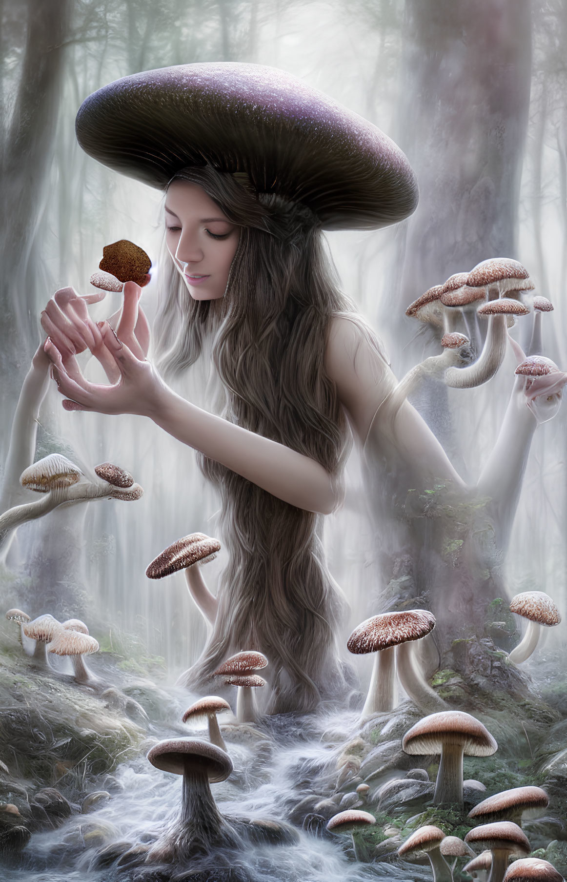 Woman with Mushroom Traits in Enchanted Forest Examining Small Mushroom