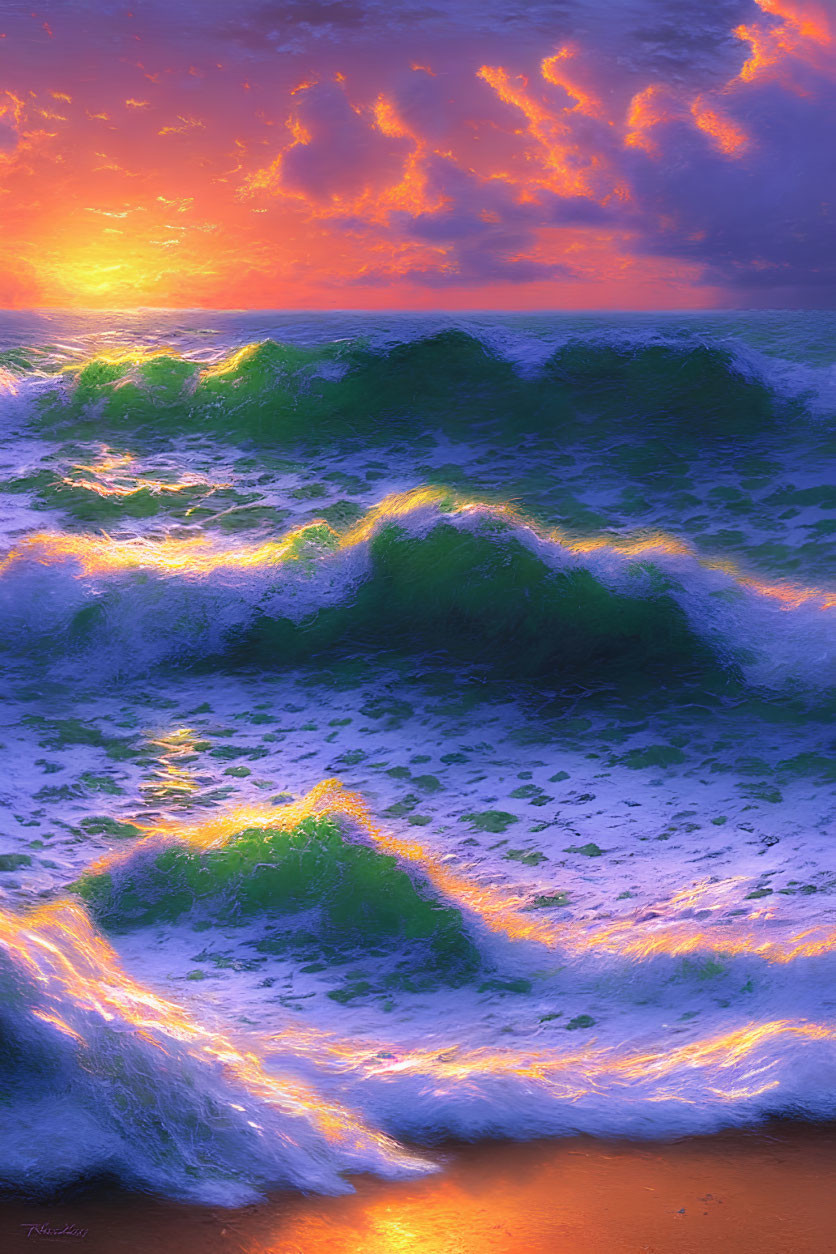 Vibrant orange hues in picturesque sunset over foamy sea waves