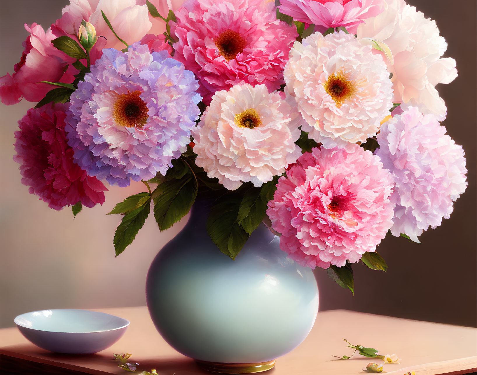 Colorful Peonies Bouquet in Blue Vase on Wooden Surface