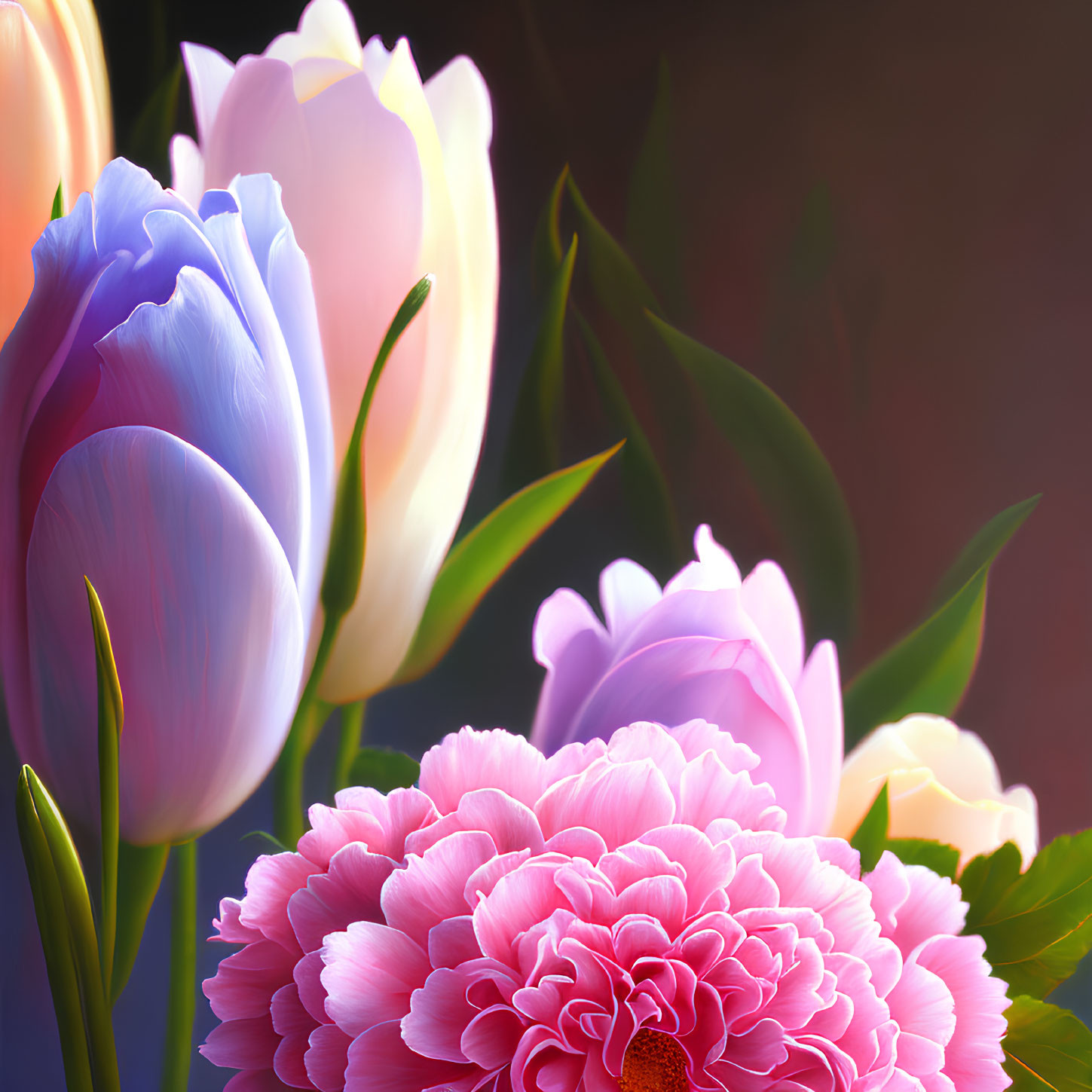 Vibrant close-up of blooming purple and pink tulip flowers with soft lighting