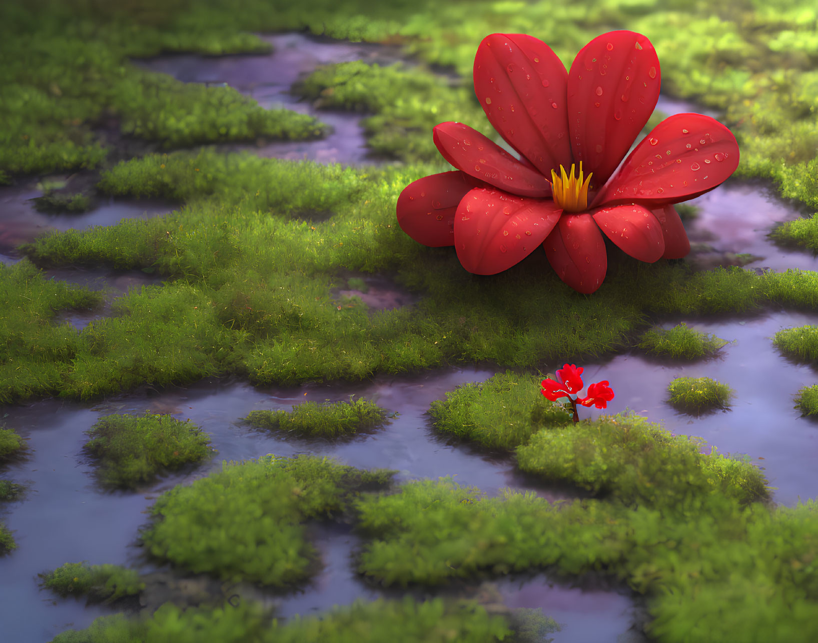 Vibrant red flower with dew drops in lush green moss landscape