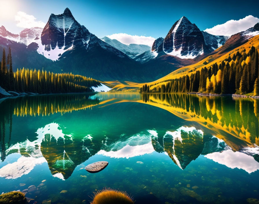 Tranquil alpine lake with snow-capped peaks and autumn trees