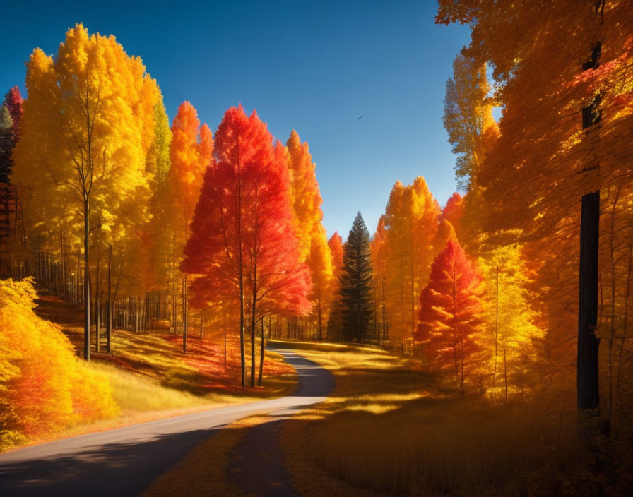 Vibrant autumn forest with winding road and colorful trees