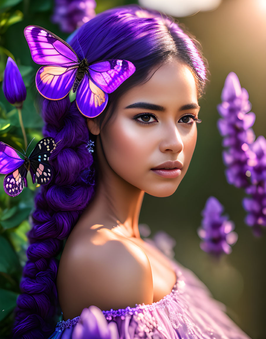 Woman with purple-streaked braided hair, butterflies, and flowers in soft-focus.