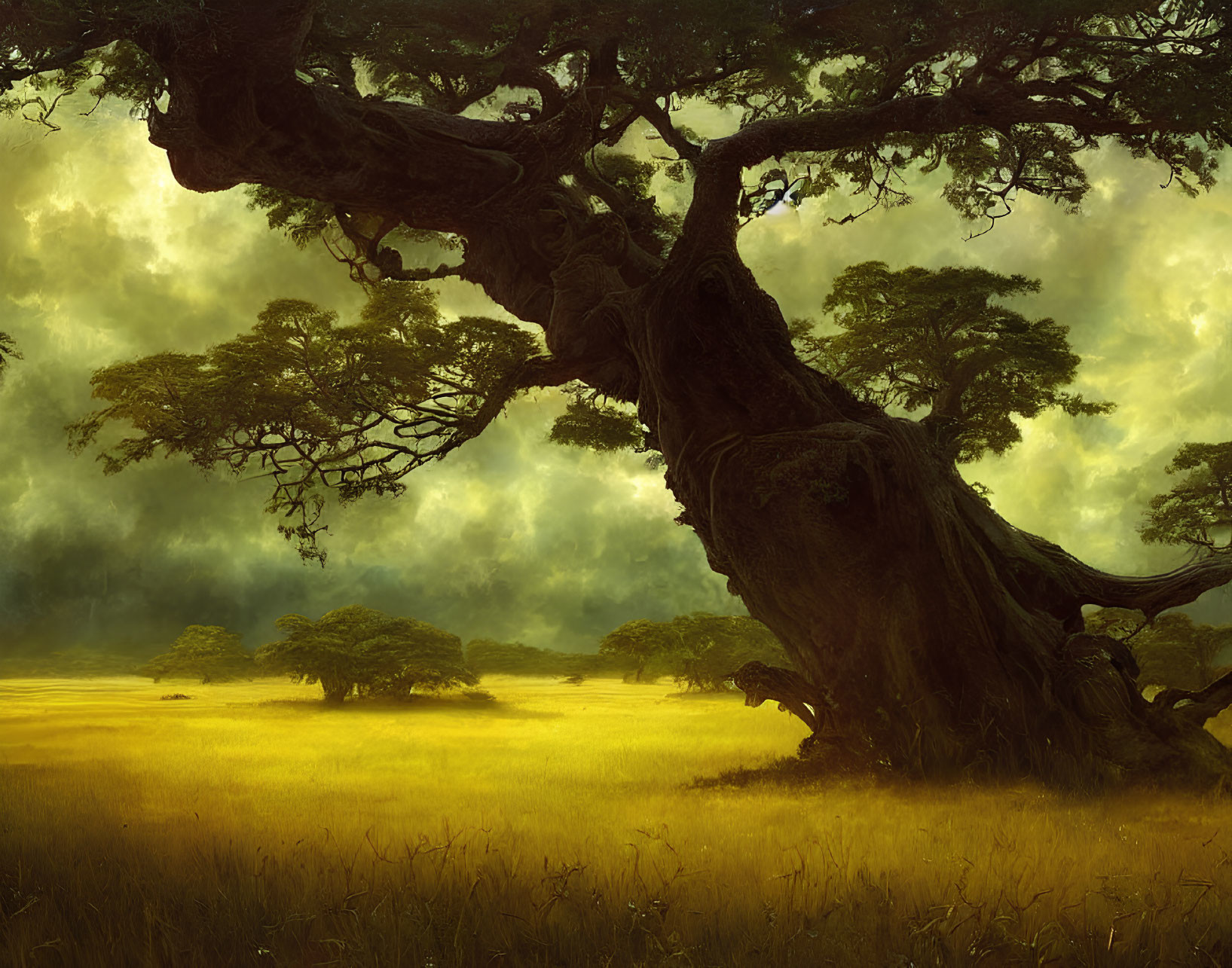 Ancient tree in mystical landscape under golden-lit sky