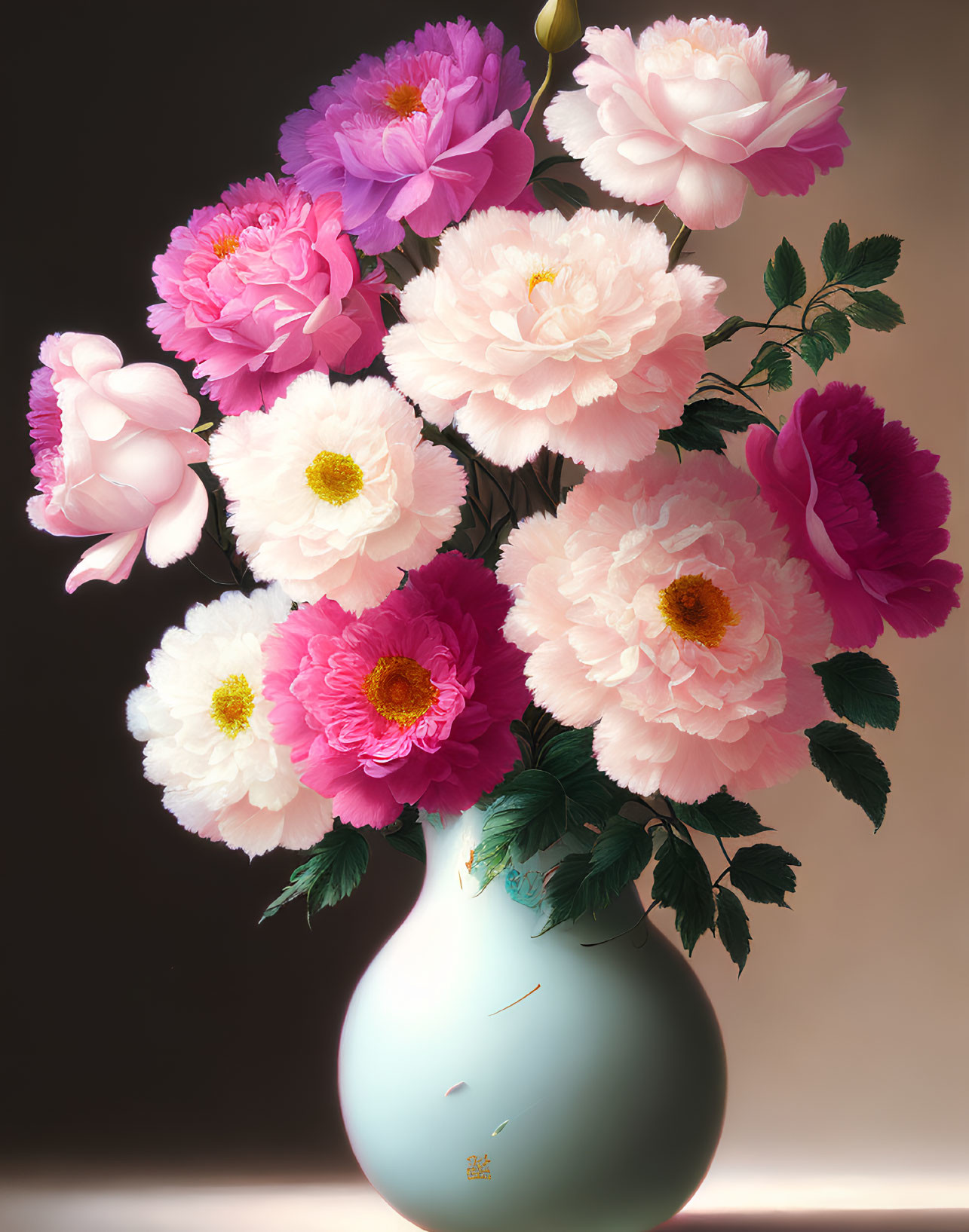 Colorful Peony Bouquet in Pastel Blue Vase