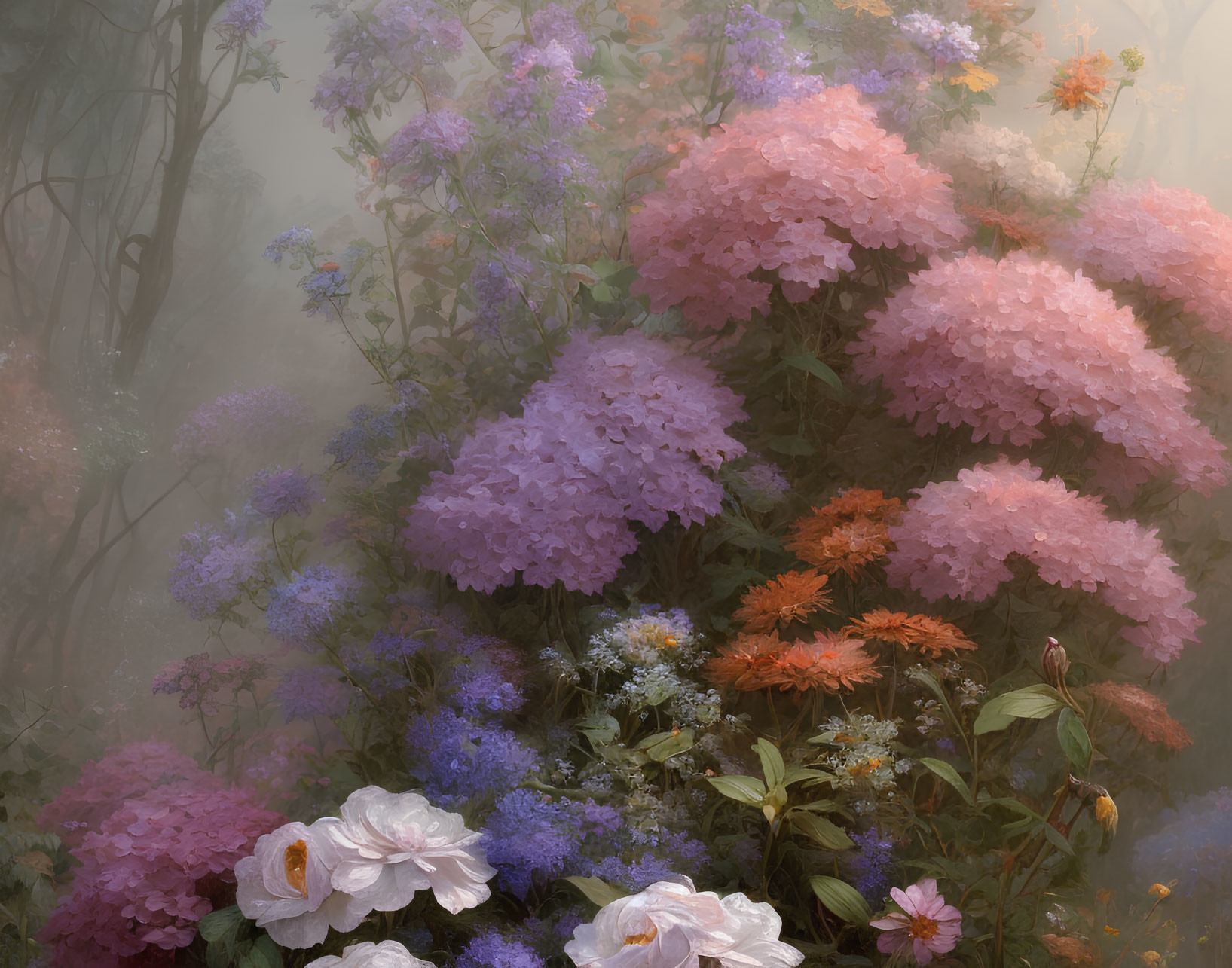 Pastel Hydrangea and Rose Garden in Misty Setting