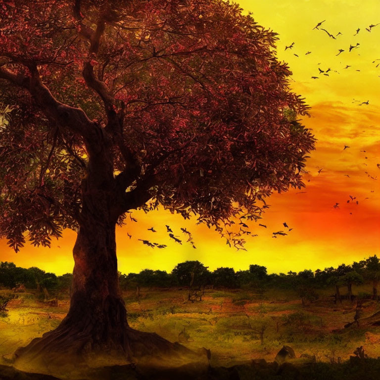 Majestic tree with red foliage in vibrant sunset with flying birds