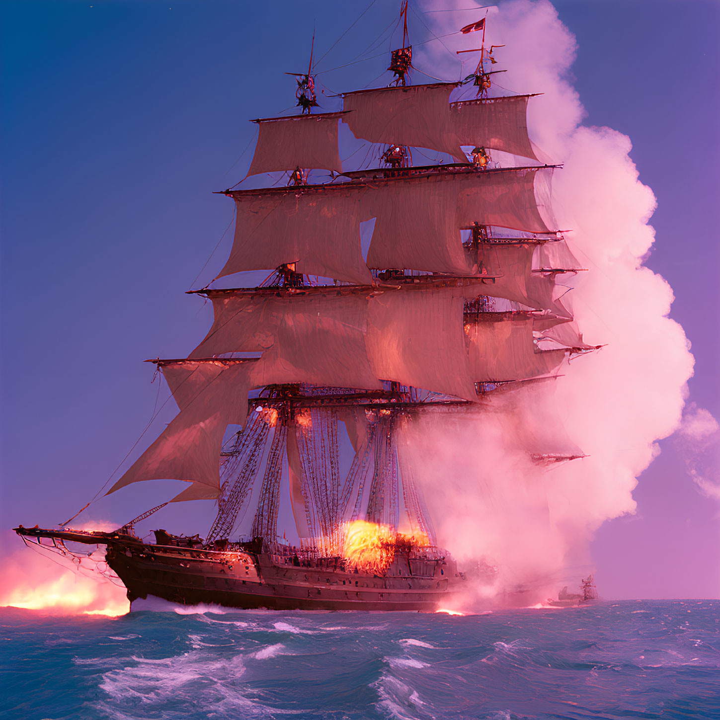 Tall ship with unfurled sails on fire in dramatic sky