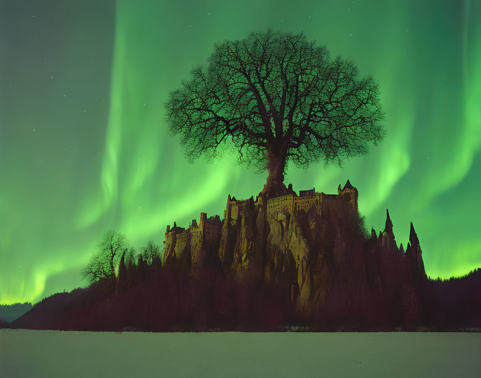 Castle at Night with Aurora Borealis and Snowy Landscape