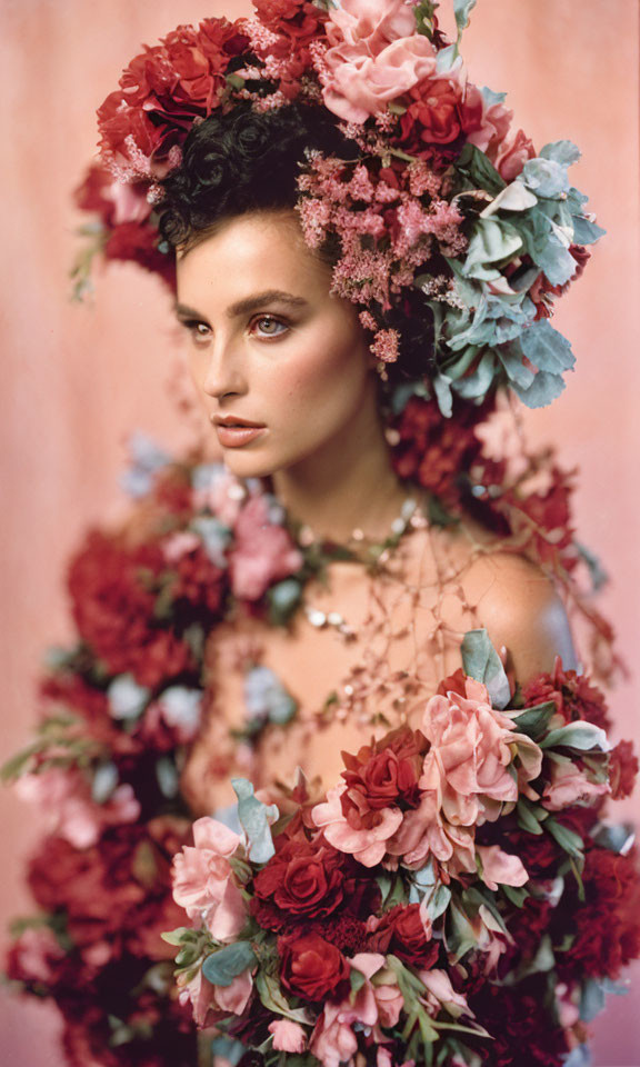 Floral-themed portrait in red and pink hues against soft pink backdrop