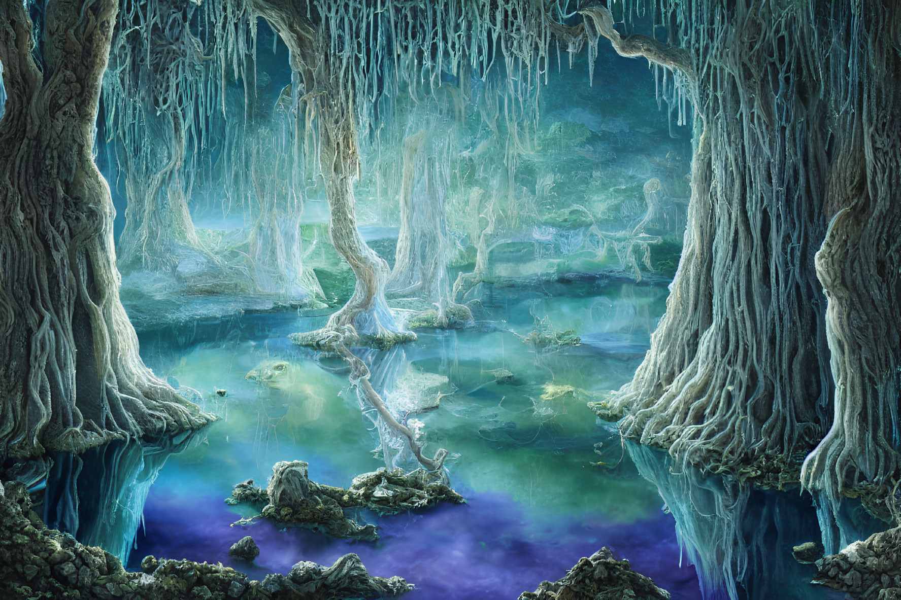 Ethereal underground cave with blue waters and glowing formations