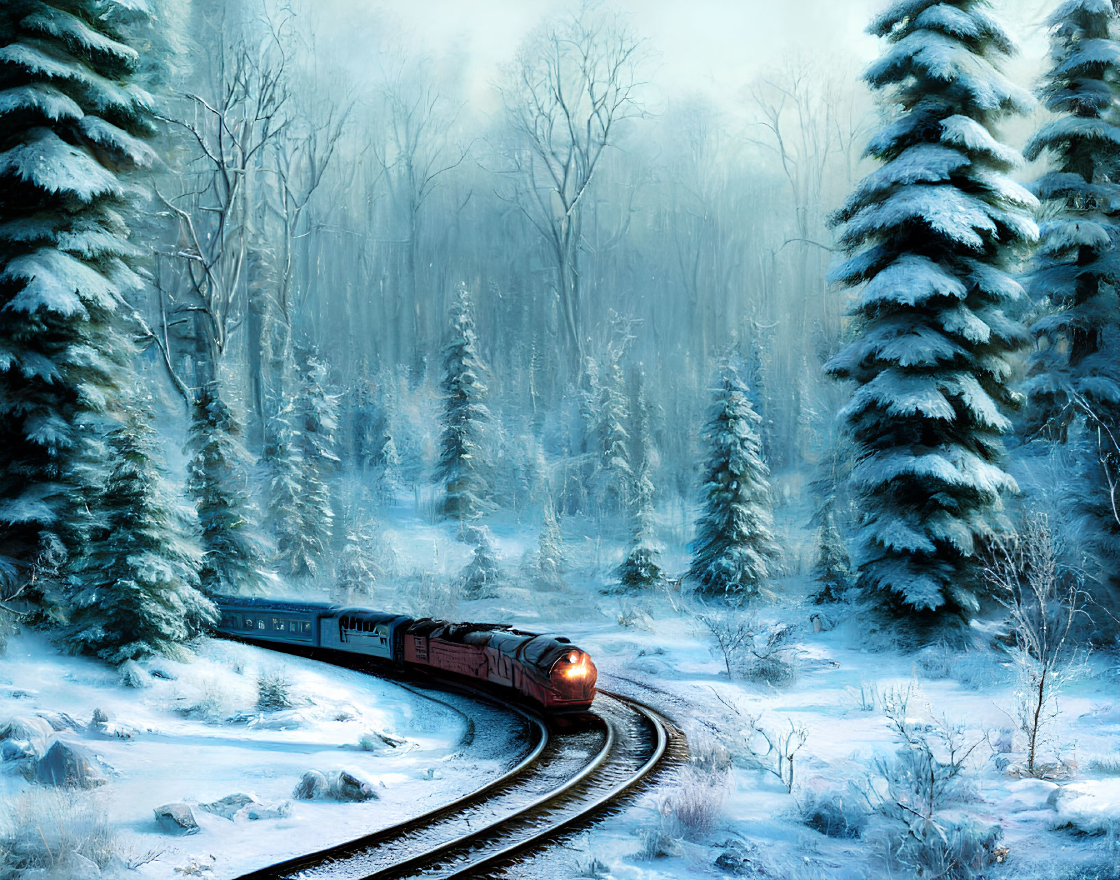 Vintage red train in snowy forest with misty ambiance