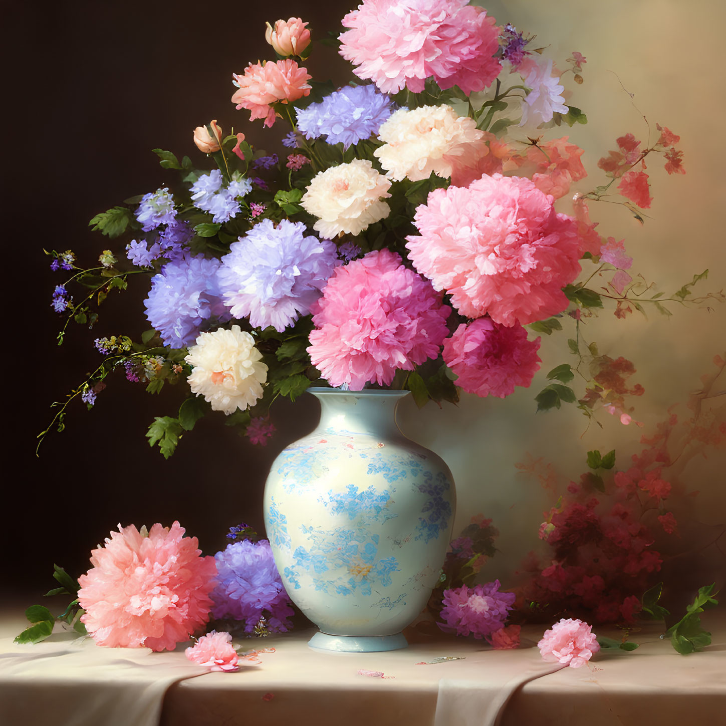 Colorful Pink, White, and Blue Peonies in Blue Vase on Shadowy Background