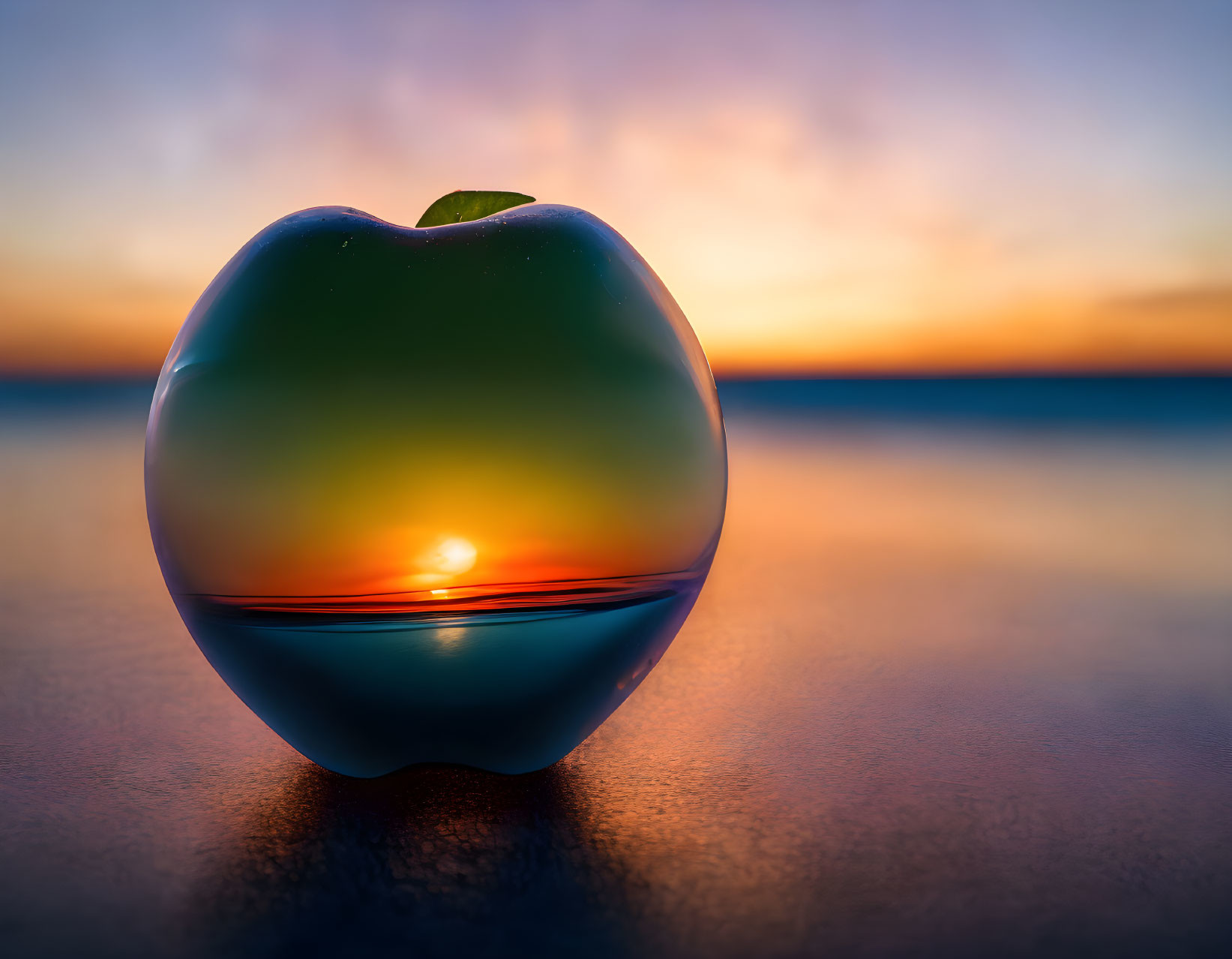 Sunset and seashore reflected in apple silhouette at twilight