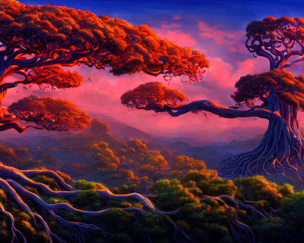 Mystical forest with twisting trees under pink and purple sunset