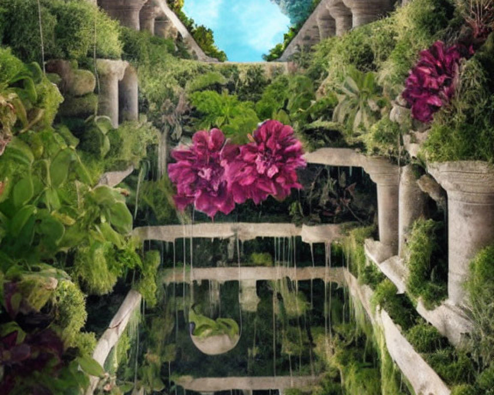 Symmetrical garden with lush greenery, pink flowers, and reflection in water.