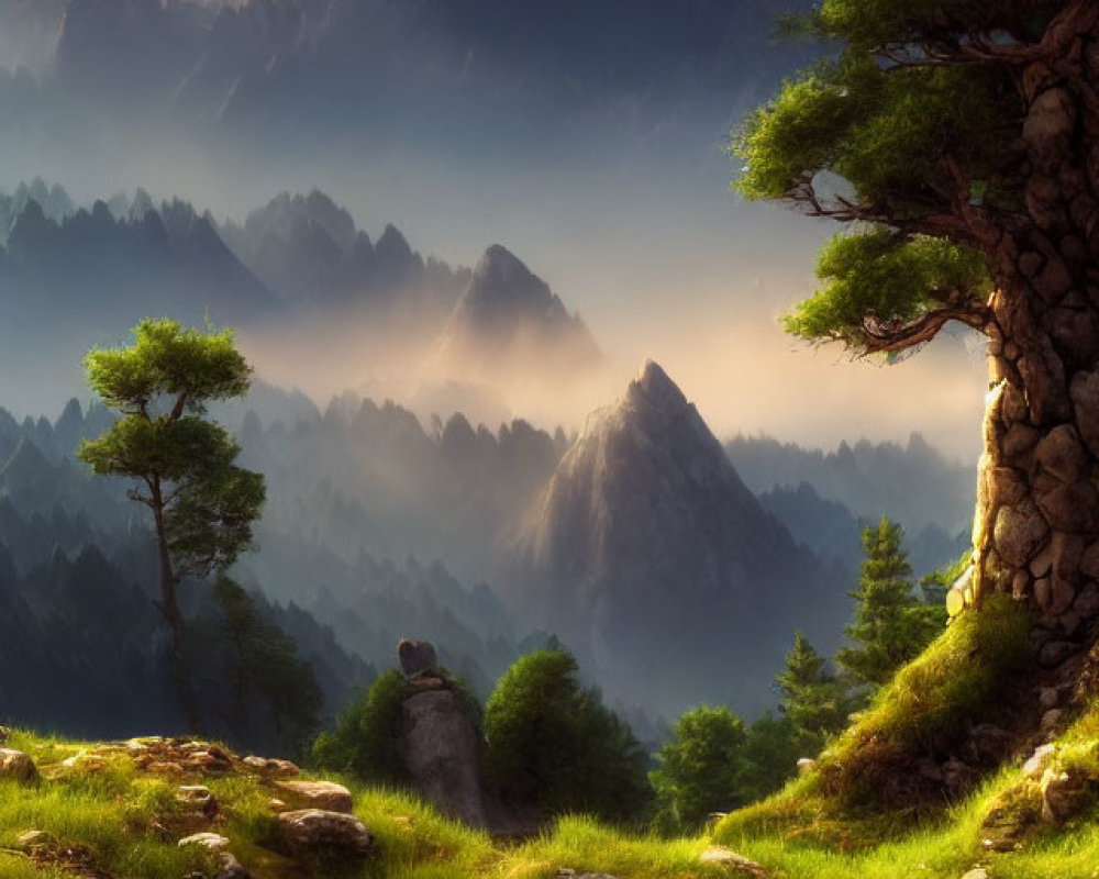 Majestic mountain landscape with sunlit path and mystical light