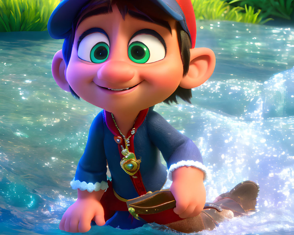 Animated boy in red cap and blue outfit sitting in water with lush green background and medallion.