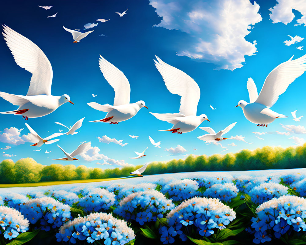 White Birds Soaring in Bright Blue Sky Over Blooming Blue Flowers