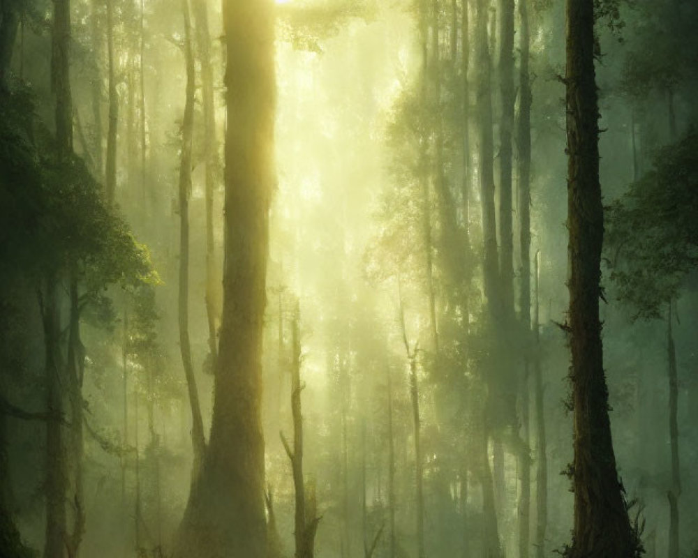 Misty forest scene with sunlight filtering through green foliage