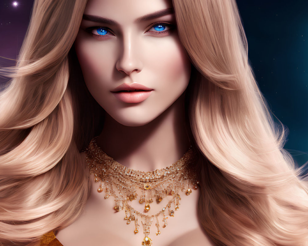 Blonde woman with blue eyes in gold jewelry on starry background